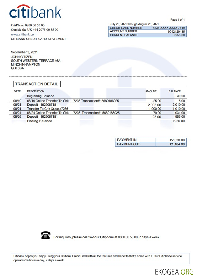 Modèle de relevé bancaire Citibank du Royaume Uni au format .doc et .pdf